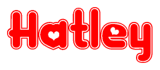 The image is a clipart featuring the word Hatley written in a stylized font with a heart shape replacing inserted into the center of each letter. The color scheme of the text and hearts is red with a light outline.