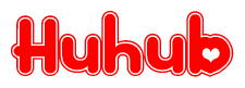 The image is a clipart featuring the word Huhub written in a stylized font with a heart shape replacing inserted into the center of each letter. The color scheme of the text and hearts is red with a light outline.