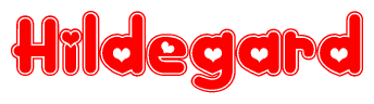 The image is a red and white graphic with the word Hildegard written in a decorative script. Each letter in  is contained within its own outlined bubble-like shape. Inside each letter, there is a white heart symbol.