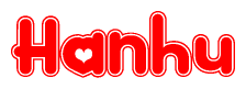 The image is a red and white graphic with the word Hanhu written in a decorative script. Each letter in  is contained within its own outlined bubble-like shape. Inside each letter, there is a white heart symbol.