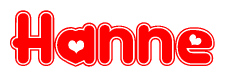 The image is a red and white graphic with the word Hanne written in a decorative script. Each letter in  is contained within its own outlined bubble-like shape. Inside each letter, there is a white heart symbol.