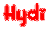 The image is a red and white graphic with the word Hydi written in a decorative script. Each letter in  is contained within its own outlined bubble-like shape. Inside each letter, there is a white heart symbol.