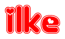 The image is a red and white graphic with the word Ilke written in a decorative script. Each letter in  is contained within its own outlined bubble-like shape. Inside each letter, there is a white heart symbol.