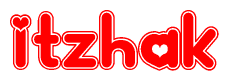 The image is a red and white graphic with the word Itzhak written in a decorative script. Each letter in  is contained within its own outlined bubble-like shape. Inside each letter, there is a white heart symbol.