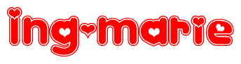 The image is a red and white graphic with the word Ing-marie written in a decorative script. Each letter in  is contained within its own outlined bubble-like shape. Inside each letter, there is a white heart symbol.