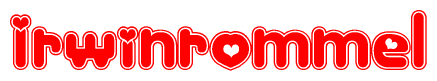 The image is a red and white graphic with the word Irwinrommel written in a decorative script. Each letter in  is contained within its own outlined bubble-like shape. Inside each letter, there is a white heart symbol.
