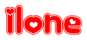 The image is a red and white graphic with the word Ilone written in a decorative script. Each letter in  is contained within its own outlined bubble-like shape. Inside each letter, there is a white heart symbol.