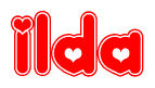 The image is a clipart featuring the word Ilda written in a stylized font with a heart shape replacing inserted into the center of each letter. The color scheme of the text and hearts is red with a light outline.