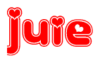The image is a red and white graphic with the word Juie written in a decorative script. Each letter in  is contained within its own outlined bubble-like shape. Inside each letter, there is a white heart symbol.