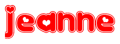 The image is a red and white graphic with the word Jeanne written in a decorative script. Each letter in  is contained within its own outlined bubble-like shape. Inside each letter, there is a white heart symbol.