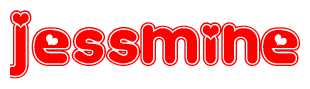 The image is a red and white graphic with the word Jessmine written in a decorative script. Each letter in  is contained within its own outlined bubble-like shape. Inside each letter, there is a white heart symbol.