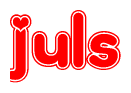 The image is a clipart featuring the word Juls written in a stylized font with a heart shape replacing inserted into the center of each letter. The color scheme of the text and hearts is red with a light outline.