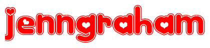 The image is a clipart featuring the word Jenngraham written in a stylized font with a heart shape replacing inserted into the center of each letter. The color scheme of the text and hearts is red with a light outline.