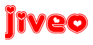 The image is a red and white graphic with the word Jiveo written in a decorative script. Each letter in  is contained within its own outlined bubble-like shape. Inside each letter, there is a white heart symbol.