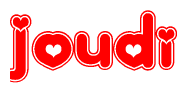 The image is a clipart featuring the word Joudi written in a stylized font with a heart shape replacing inserted into the center of each letter. The color scheme of the text and hearts is red with a light outline.