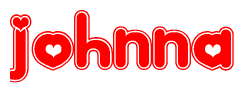The image is a red and white graphic with the word Johnna written in a decorative script. Each letter in  is contained within its own outlined bubble-like shape. Inside each letter, there is a white heart symbol.