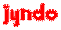 The image is a clipart featuring the word Jyndo written in a stylized font with a heart shape replacing inserted into the center of each letter. The color scheme of the text and hearts is red with a light outline.