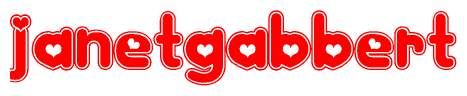 The image is a red and white graphic with the word Janetgabbert written in a decorative script. Each letter in  is contained within its own outlined bubble-like shape. Inside each letter, there is a white heart symbol.