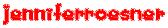 The image is a red and white graphic with the word Jenniferroesner written in a decorative script. Each letter in  is contained within its own outlined bubble-like shape. Inside each letter, there is a white heart symbol.