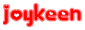 The image is a red and white graphic with the word Joykeen written in a decorative script. Each letter in  is contained within its own outlined bubble-like shape. Inside each letter, there is a white heart symbol.