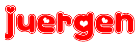 The image is a clipart featuring the word Juergen written in a stylized font with a heart shape replacing inserted into the center of each letter. The color scheme of the text and hearts is red with a light outline.