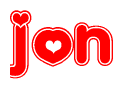 The image is a red and white graphic with the word Jon written in a decorative script. Each letter in  is contained within its own outlined bubble-like shape. Inside each letter, there is a white heart symbol.