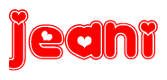 The image is a red and white graphic with the word Jeani written in a decorative script. Each letter in  is contained within its own outlined bubble-like shape. Inside each letter, there is a white heart symbol.