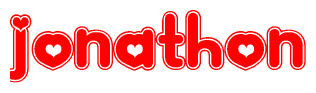 The image is a red and white graphic with the word Jonathon written in a decorative script. Each letter in  is contained within its own outlined bubble-like shape. Inside each letter, there is a white heart symbol.