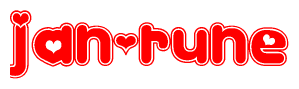 The image is a red and white graphic with the word Jan-rune written in a decorative script. Each letter in  is contained within its own outlined bubble-like shape. Inside each letter, there is a white heart symbol.
