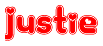 The image is a red and white graphic with the word Justie written in a decorative script. Each letter in  is contained within its own outlined bubble-like shape. Inside each letter, there is a white heart symbol.