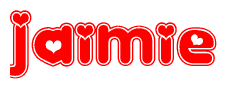 The image is a clipart featuring the word Jaimie written in a stylized font with a heart shape replacing inserted into the center of each letter. The color scheme of the text and hearts is red with a light outline.