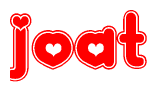 The image is a red and white graphic with the word Joat written in a decorative script. Each letter in  is contained within its own outlined bubble-like shape. Inside each letter, there is a white heart symbol.