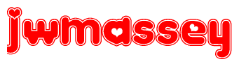 The image is a red and white graphic with the word Jwmassey written in a decorative script. Each letter in  is contained within its own outlined bubble-like shape. Inside each letter, there is a white heart symbol.