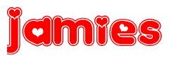   The image is a clipart featuring the word Jamies written in a stylized font with a heart shape replacing inserted into the center of each letter. The color scheme of the text and hearts is red with a light outline. 