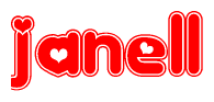 The image is a clipart featuring the word Janell written in a stylized font with a heart shape replacing inserted into the center of each letter. The color scheme of the text and hearts is red with a light outline.