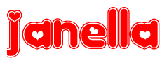 The image is a clipart featuring the word Janella written in a stylized font with a heart shape replacing inserted into the center of each letter. The color scheme of the text and hearts is red with a light outline.