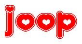 The image is a red and white graphic with the word Joop written in a decorative script. Each letter in  is contained within its own outlined bubble-like shape. Inside each letter, there is a white heart symbol.