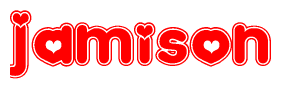 The image displays the word Jamison written in a stylized red font with hearts inside the letters.