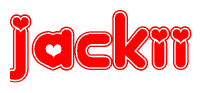 The image is a red and white graphic with the word Jackii written in a decorative script. Each letter in  is contained within its own outlined bubble-like shape. Inside each letter, there is a white heart symbol.