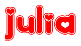 The image is a clipart featuring the word Julia written in a stylized font with a heart shape replacing inserted into the center of each letter. The color scheme of the text and hearts is red with a light outline.