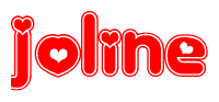 The image is a red and white graphic with the word Joline written in a decorative script. Each letter in  is contained within its own outlined bubble-like shape. Inside each letter, there is a white heart symbol.
