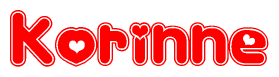 The image is a red and white graphic with the word Korinne written in a decorative script. Each letter in  is contained within its own outlined bubble-like shape. Inside each letter, there is a white heart symbol.