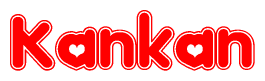The image is a clipart featuring the word Kankan written in a stylized font with a heart shape replacing inserted into the center of each letter. The color scheme of the text and hearts is red with a light outline.