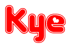 The image is a red and white graphic with the word Kye written in a decorative script. Each letter in  is contained within its own outlined bubble-like shape. Inside each letter, there is a white heart symbol.