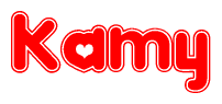 The image displays the word Kamy written in a stylized red font with hearts inside the letters.