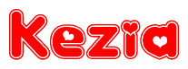 The image is a red and white graphic with the word Kezia written in a decorative script. Each letter in  is contained within its own outlined bubble-like shape. Inside each letter, there is a white heart symbol.