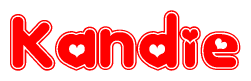 The image displays the word Kandie written in a stylized red font with hearts inside the letters.