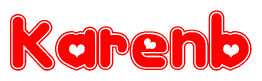 The image is a red and white graphic with the word Karenb written in a decorative script. Each letter in  is contained within its own outlined bubble-like shape. Inside each letter, there is a white heart symbol.