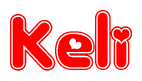 The image is a clipart featuring the word Keli written in a stylized font with a heart shape replacing inserted into the center of each letter. The color scheme of the text and hearts is red with a light outline.