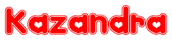 The image is a red and white graphic with the word Kazandra written in a decorative script. Each letter in  is contained within its own outlined bubble-like shape. Inside each letter, there is a white heart symbol.